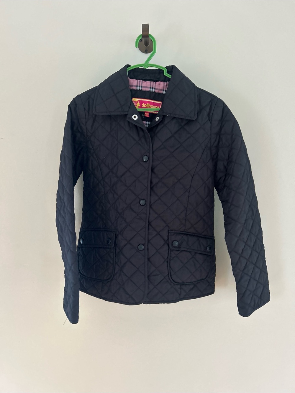 Dollhouse Black Quilted Puffer Jacket with Pink Plaid Lining
